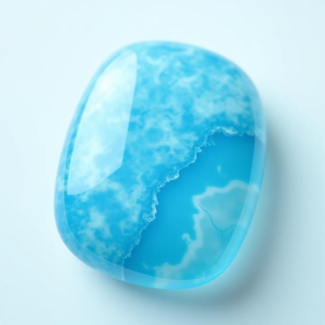 A close-up of a polished Larimar stone showing its distinct, wave-like patterns of blue and white.