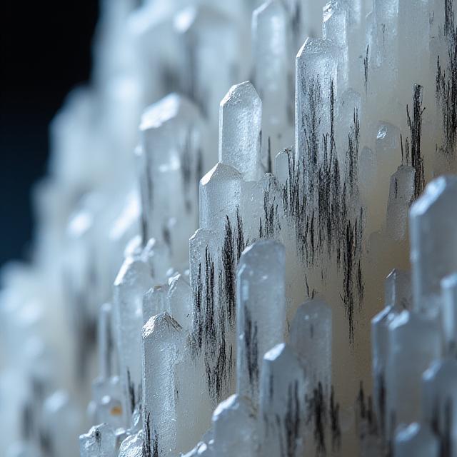 Translucent tourmalinated quartz with sharp, black needle-like inclusions, resembling a frozen forest.
