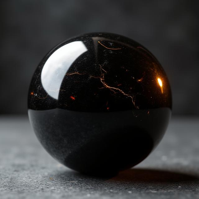 A polished sphere of black obsidian reflecting light with a fiery sheen.