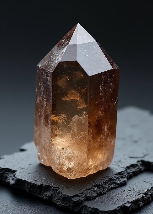 A large, raw smoky quartz crystal on a dark, textured surface, representing the unprocessed beauty of sourced minerals.