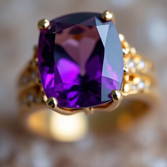 A close-up shot of a custom-designed gold ring featuring a large, deep purple cushion-cut amethyst.