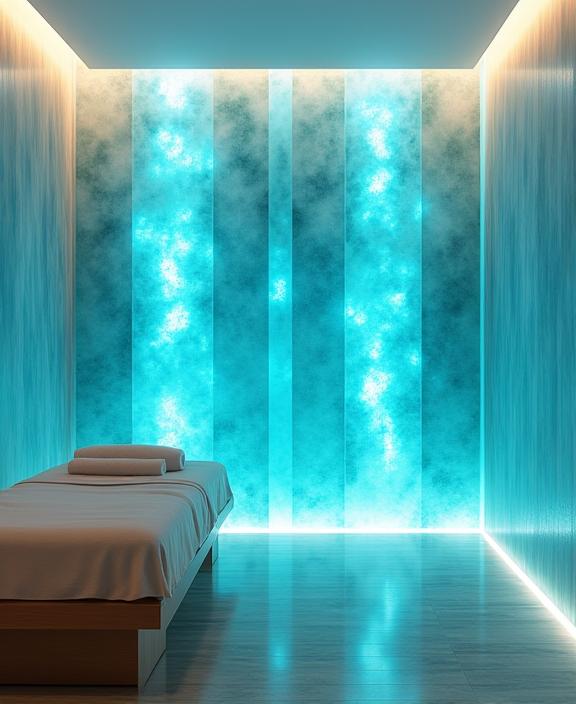 A serene spa room featuring walls paneled with backlit blue agate, creating a calming, underwater-like glow.