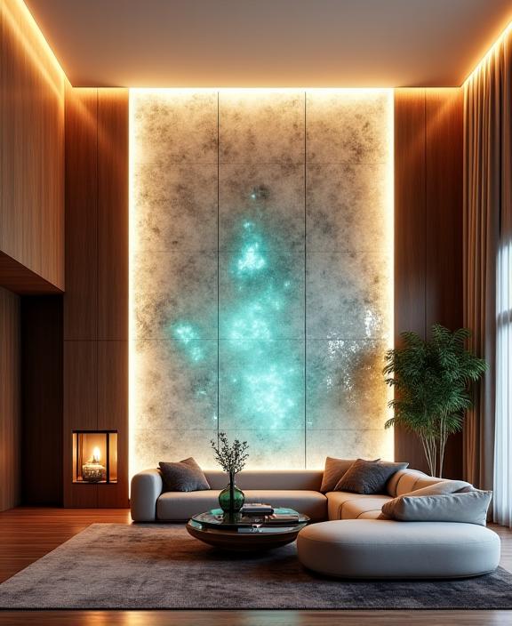 A living room with a stunning floor-to-ceiling bookmatched Patagonia quartzite wall, illuminated to show its translucent qualities.