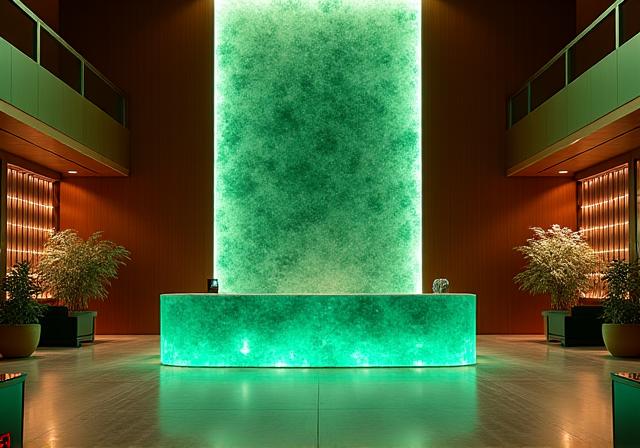 A grand hotel lobby with a soaring, back-lit green onyx reception desk that serves as the central art piece.