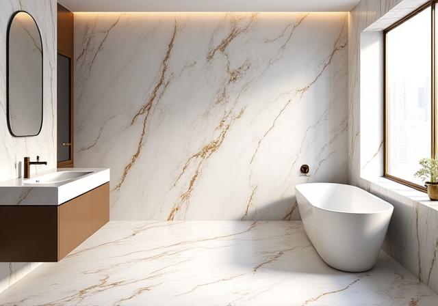 A luxurious modern bathroom featuring a large-format Calacatta gold marble wall and flooring.